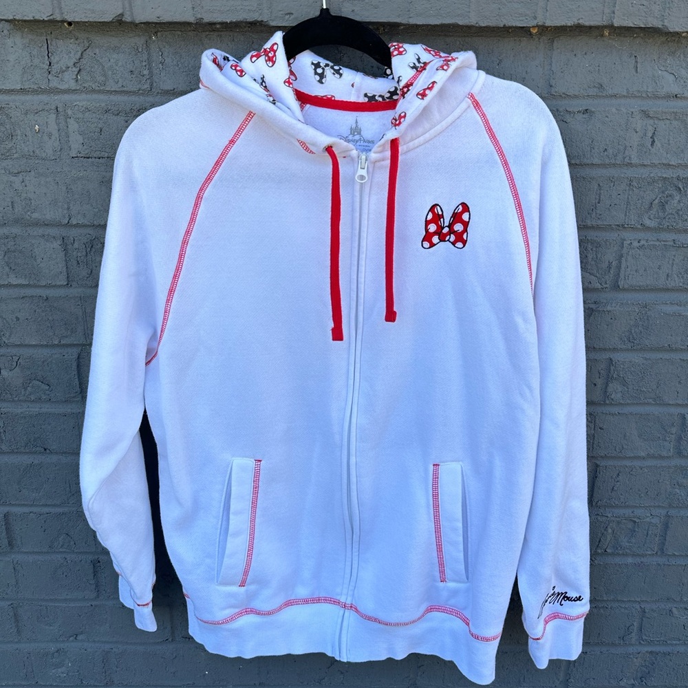 Disney Parks Women’s White Minnie Mouse Jacket Hoodie with Bow Patch Size L